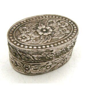 Antique Chinese Pill Box Trinket Silver Tone Floral Oval Repousse Container 40s